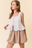 Floral Embroidered Front Tie Sleeveless Ruffle Top