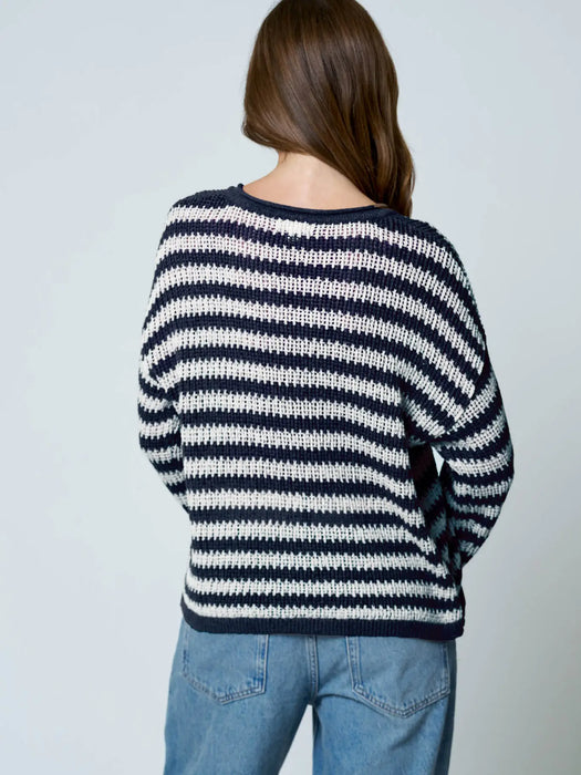 Navy Stripe Raw Edge Split Neck Sheer Knit Sweater