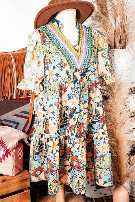 Boho Floral Crochet Patchwork Loose Mini Dress | S-XL