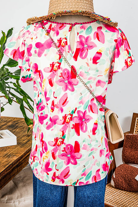 Floral Flutter Sleeve Round Neck Casual Blouse | S-XL