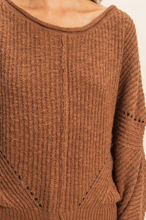 Brown Ribbed Drop Sleeve Sweater