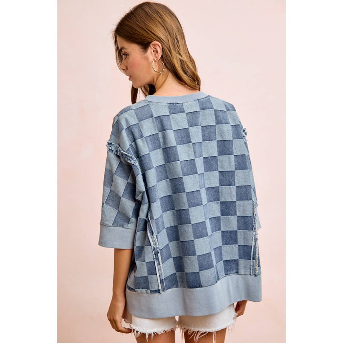 Denim Washed Checkered Short Sleeve Top