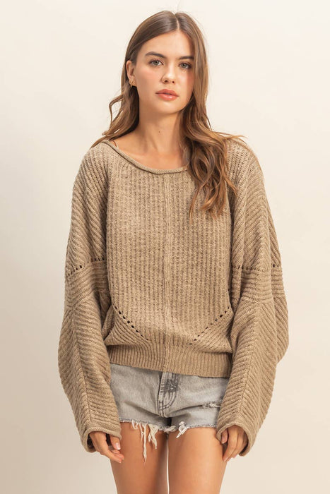 Olive Ribbed Drop Sleeve Sweater