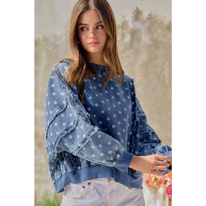 Denim Polka Dot  Frayed Edge Detail Top