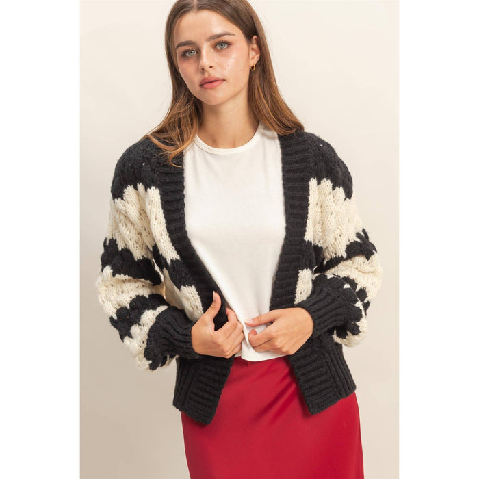 Black & Cream Oversized Cloud Pattern Knit Cardigan
