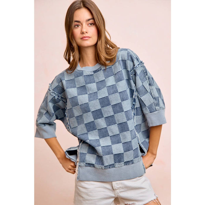 Denim Washed Checkered Short Sleeve Top