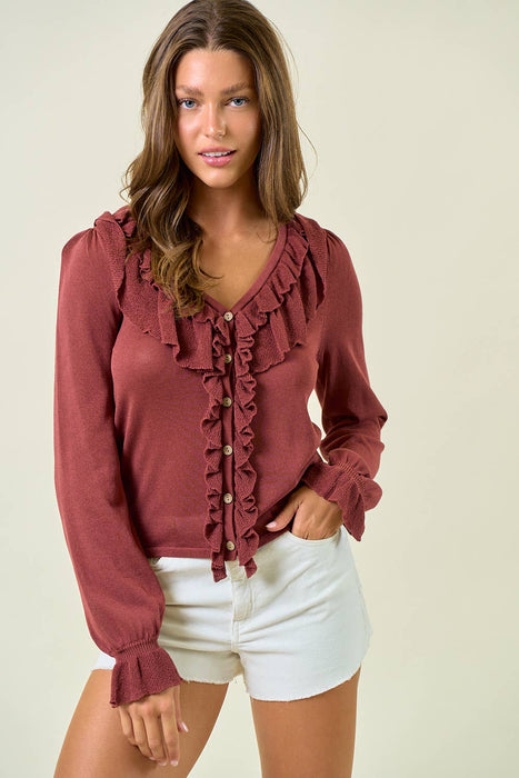 Olive Ruffle Button Front Top