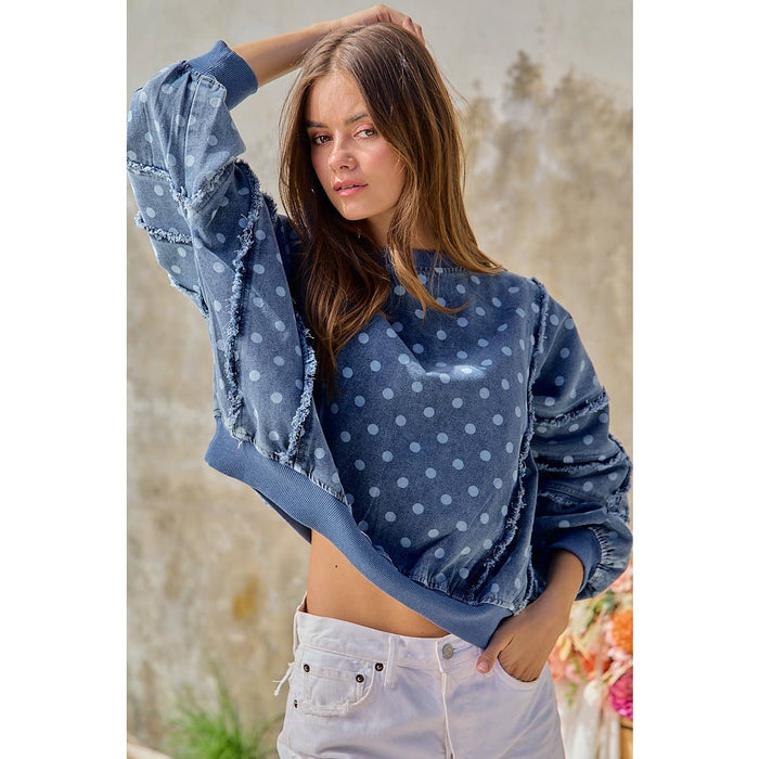 Denim Polka Dot  Frayed Edge Detail Top