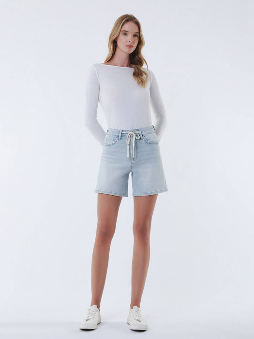 High Rise Drawstring Midi Denim Shorts
