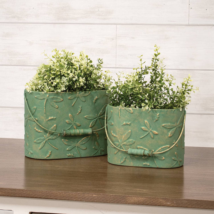 Dragonfly Green Metal Oval Buckets