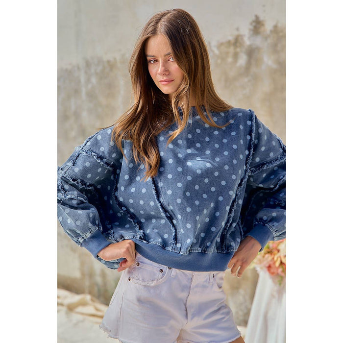 Denim Polka Dot  Frayed Edge Detail Top