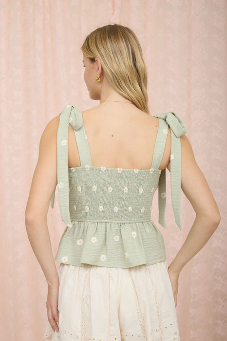 Daisy Embroidered Smocked Tie Strap Top