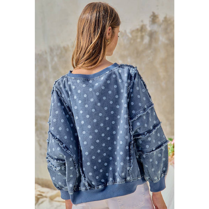 Denim Polka Dot  Frayed Edge Detail Top