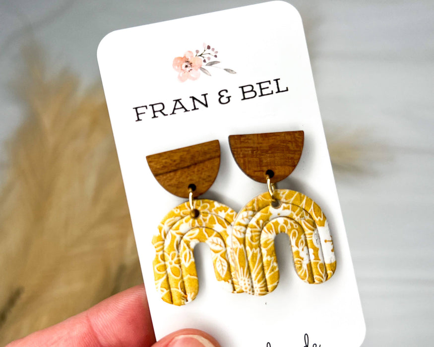 Yellow and White Floral Pattern Arch Stud Earrings