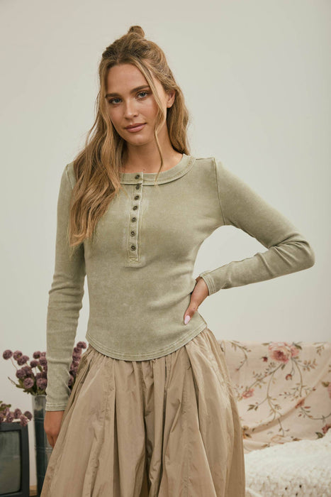 Light Olive Washed Long Sleeve Ribbed Henley Top