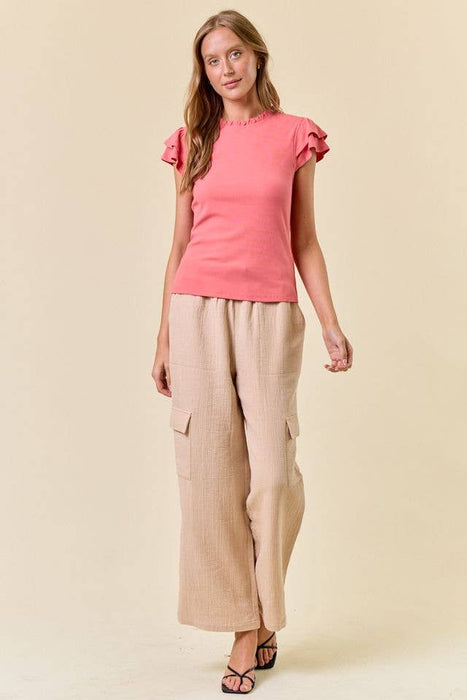 Soft Rib Ruffled Neck Butterfly Cap Sleeve Top - Coral