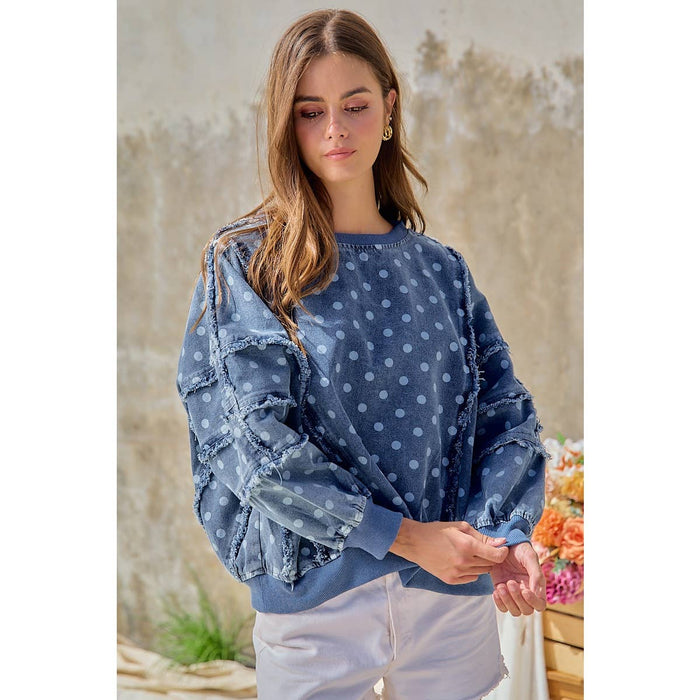 Denim Polka Dot  Frayed Edge Detail Top