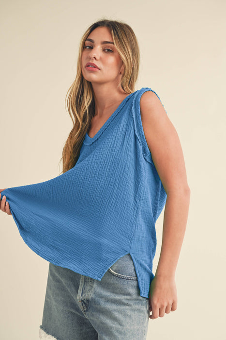Sage Cotton Gauze V Neck Tank