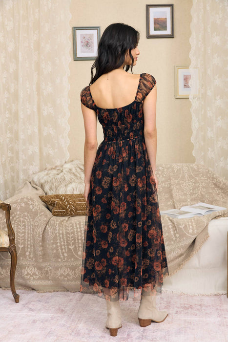 Floral Organza Corset Midi Dress