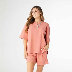 Weekend Brushed Ribbed Short Sleeve Henley Top - Melon