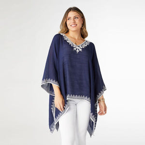 Amaryllis Poncho with Embroidery Trim - Navy [Min 3]