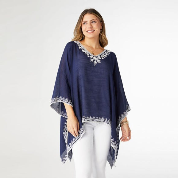 Amaryllis Poncho with Embroidery Trim - Navy [Min 3]