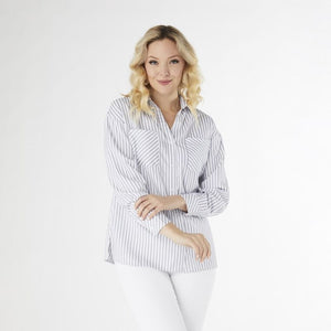 Terri Striped Blouse with Front Pockets - Grey/White XXL [Min 2]