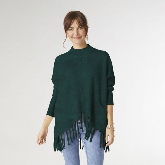 Heavenly-Luxe Flowy Mock Neck Fringe Sweater - Teal