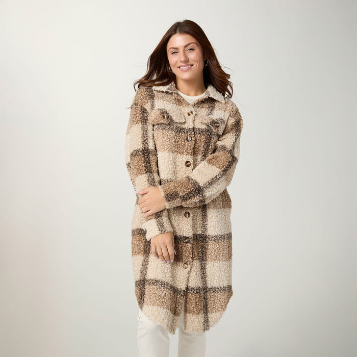 Joey Long Plaid Sherpa Jacket - Cement/Mushroom XS