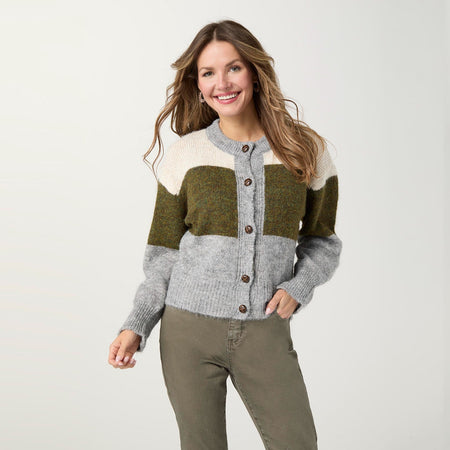 Chinon Button Front Cardigan - Cream/Olive/Grey XS