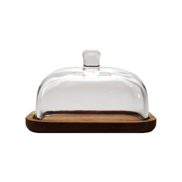 Glass Dome Acacia Wood Butter or Cheese Dish