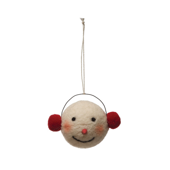 Wool Felt Snowman Head Ornament with Earmuffs