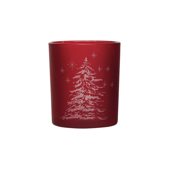 Red Glass Etched Tree Votive Holder