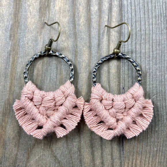 Dusty Blush Pink & Bronze | Small Square Knot Macrame Earrings