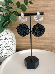 Black Chrysanthemum Clay Dangle Earrings