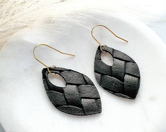 Black Box Braid Embossed Leather Teardrop Earrings