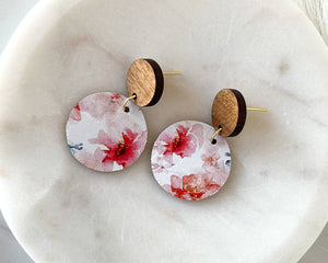 Magenta Watercolor Floral Leather and Wood Earrings