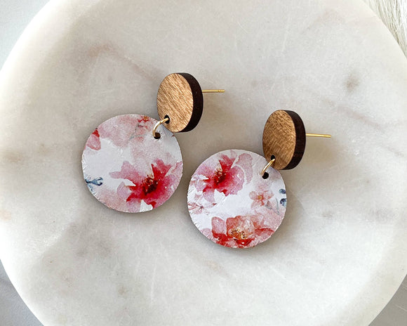 Magenta Watercolor Floral Leather and Wood Earrings