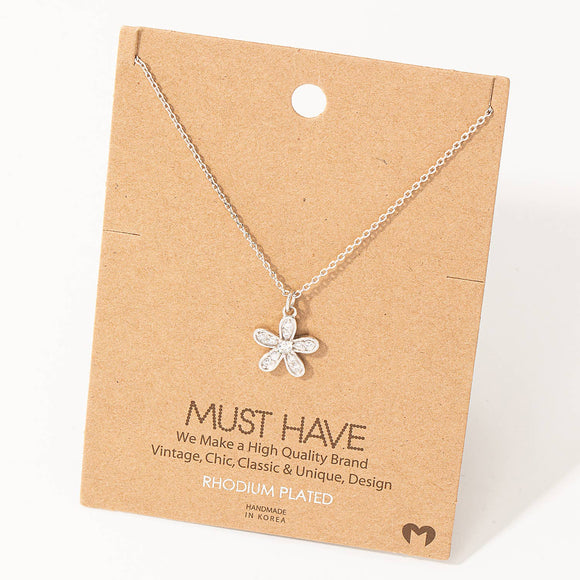 Pave Flower Pendant Silver Necklace