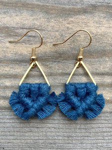 Peacock Blue + Gold | Micro Fringe Triangle Macrame Earrings