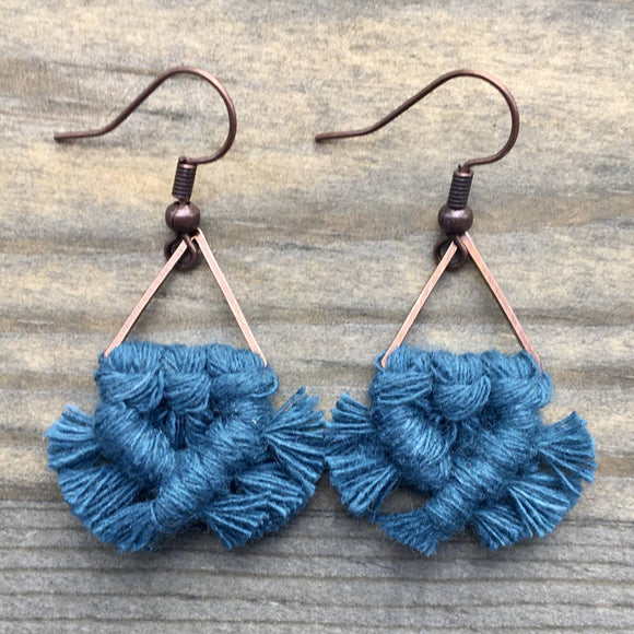 Peacock Blue + Copper | Micro Fringe Triangle Macrame Earrings