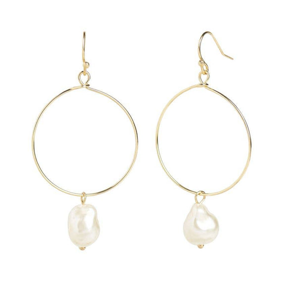 Gold Hoop Pearl Dangle Earrings - White