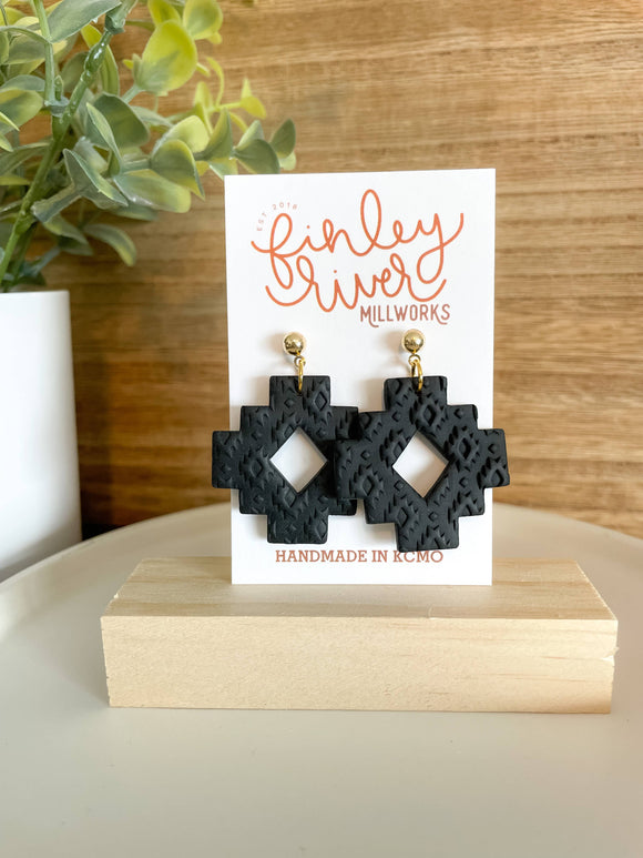 Black Aztec Textured Clay Earrings