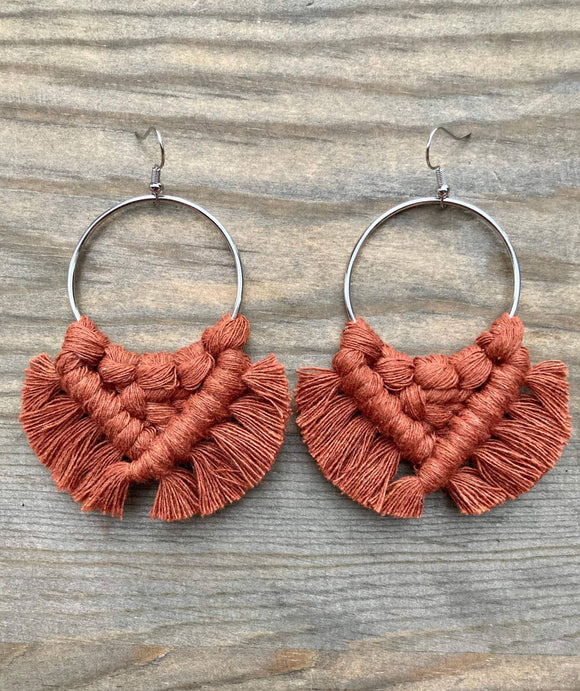 Large Square Knot Fringe Earrings - Burnt Orange & Silver