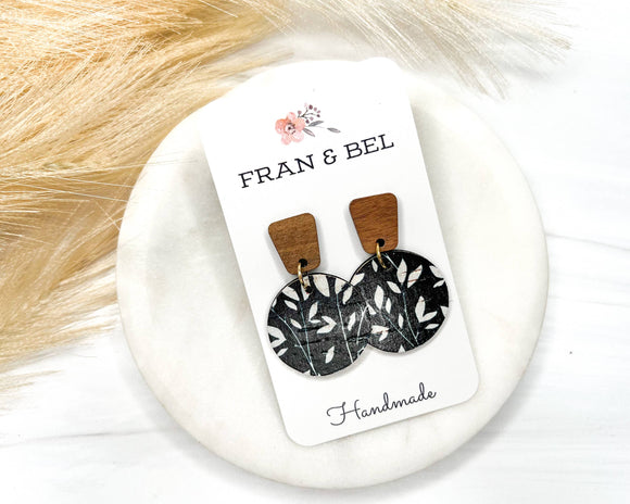 Black and White Leaf Pattern Leather/Wood Circle Earrings