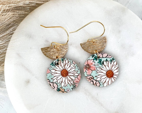 Green and Pink Spring Boho Floral Semi Circle Earrings