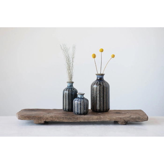 Navy Blue Embossed Stoneware Vases