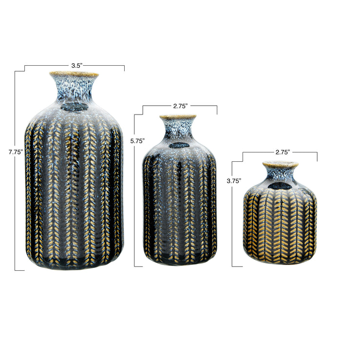Navy Blue Embossed Stoneware Vases