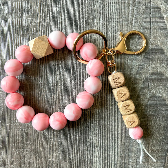 Pink Marble Mama Wristlet Keychain